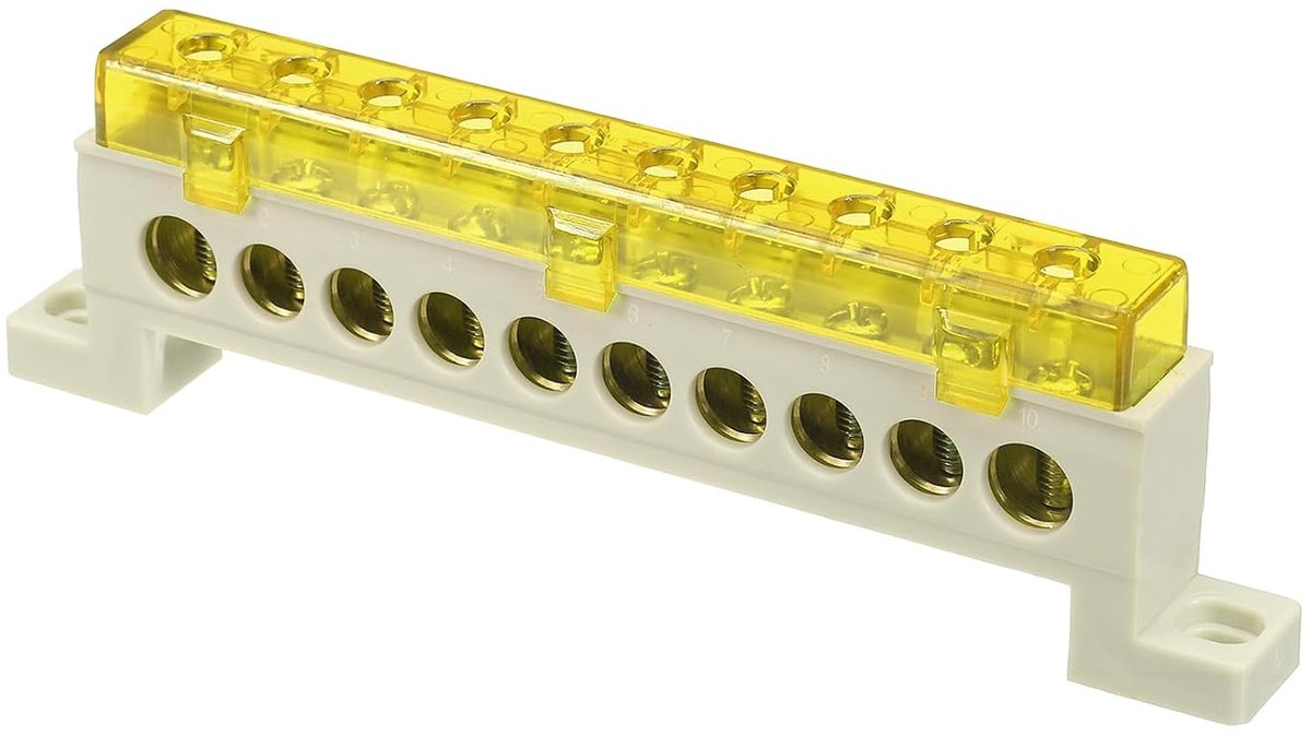 Aardingsstrip met klem, 10 standen, klemlijst van messing met schroef, aardblok 9 x 14 mm voor elektrische apparaten, verdelerframe, geel