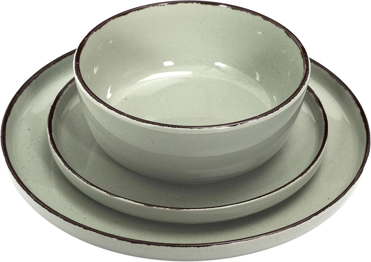 DECO FACTORY, KA0446, 12 Piece Green Time Stoneware Dinnerware Set, Artisanal Design, Durable and Easy to Maintain, Ideal for Family Meals, Size: 12 Pieces, Color: Green