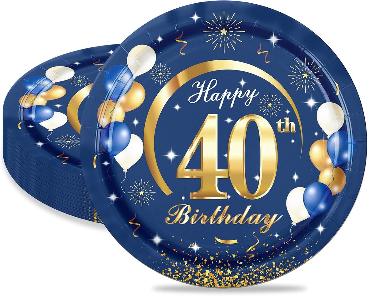 16 Stuks Verjaardagsborden voor 40, Marine Blauwe 9-inch Papieren Borden voor 40e Verjaardagsfeest, Kleine Papieren Borden voor Mannen Vrouwen Haar Hem, Verjaardagsfeest Benodigdheden