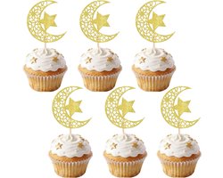 24 stuks Eid Mubarak Cupcake Topper Set, Ramadan Kareem Cake Decoratie, Ster en Maan Taartdecoratie, Eid Mubarak Glitter Topper, Ramadan Decoratie voor Taarten, Cupcakes, Muffin, Eid al-Fitr Feest
