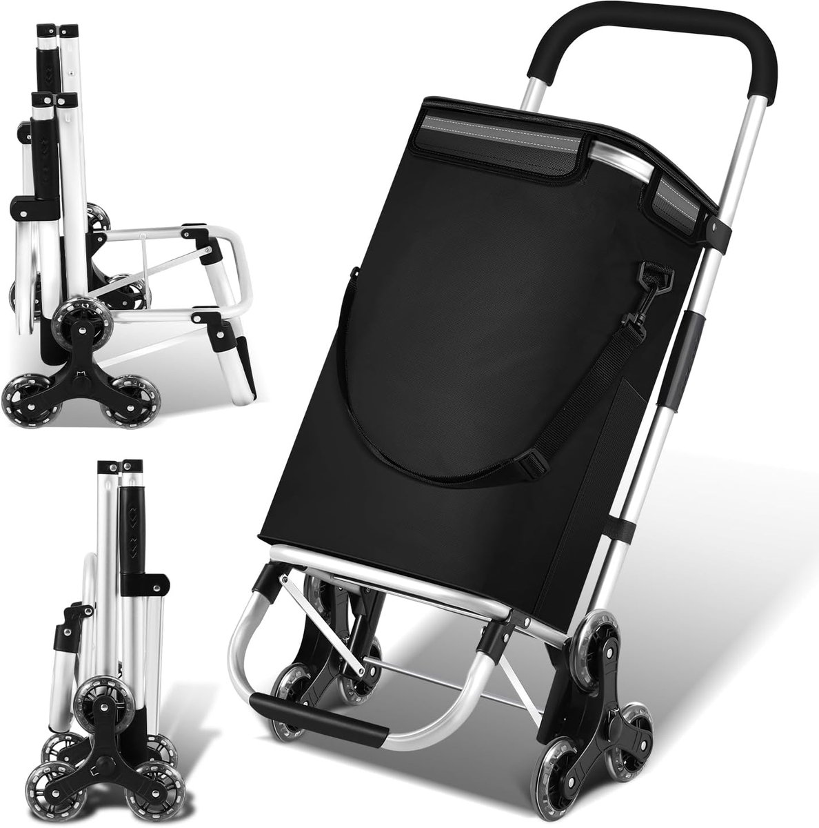 Boodschappentrolley, inklapbaar, 40 liter, met koelvak, boodschappentrolley, trapklimmer, afneembare tas, zwart, trolley, opvouwbare boodschappentrolley