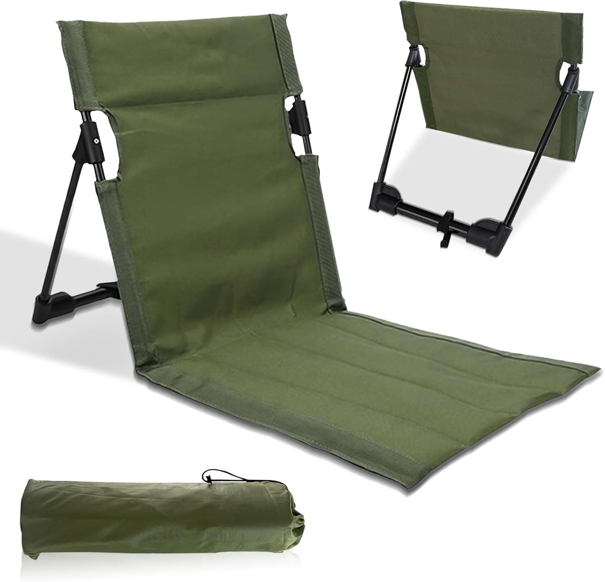 strandstoel, strandmat met rugleuning, licht en opvouwbaar, draagbaar, 500 g, voor camping, outdoor, strand en reizen (legergroen)
