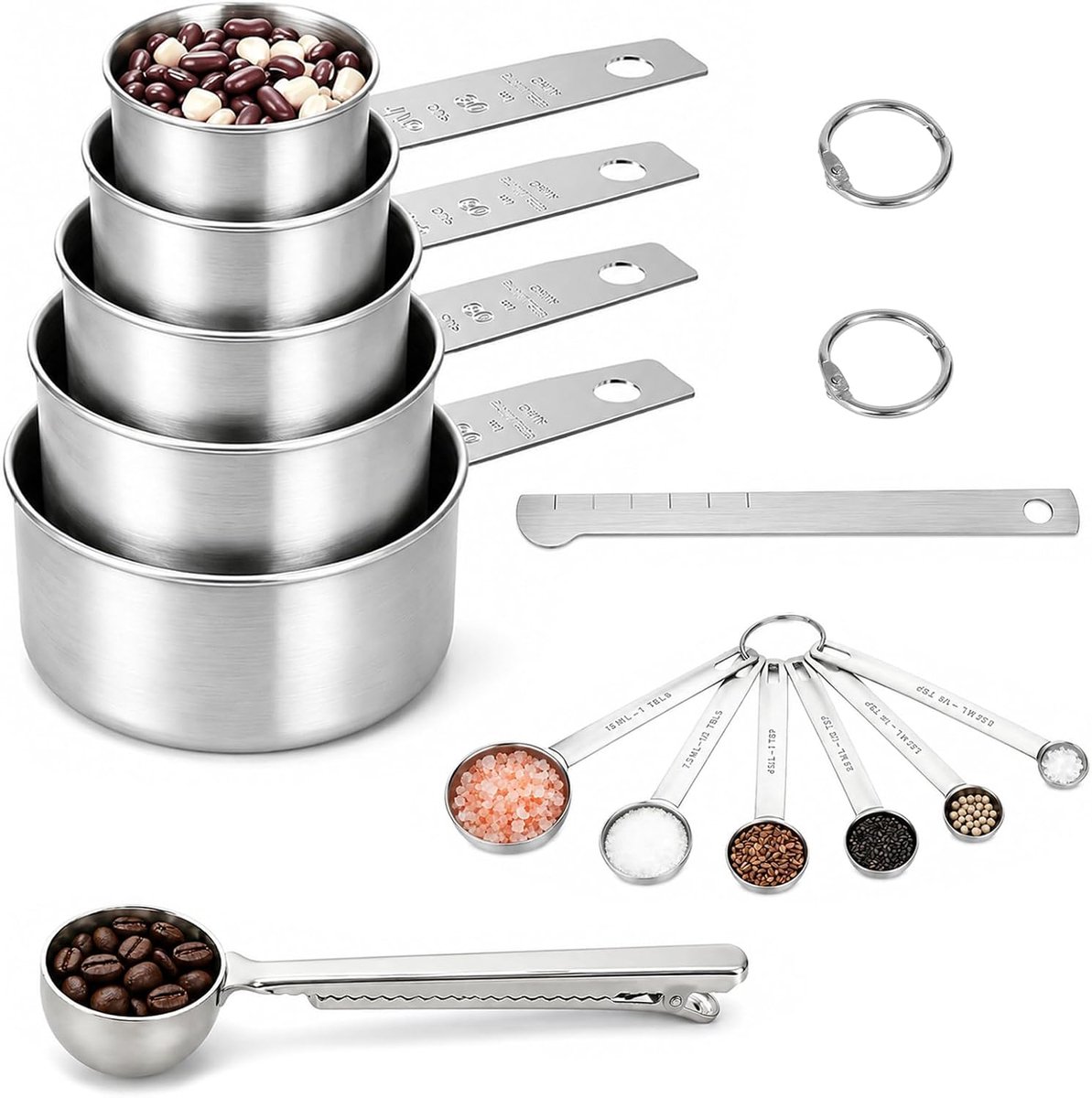 maatlepel, 13 stuks roestvrijstalen maatbekers, metalen maatlepel met meetliniaal, scoop met clip, doseerlepelset met koffielepel, 5 maatbekers en 7 lepels met meetliniaal