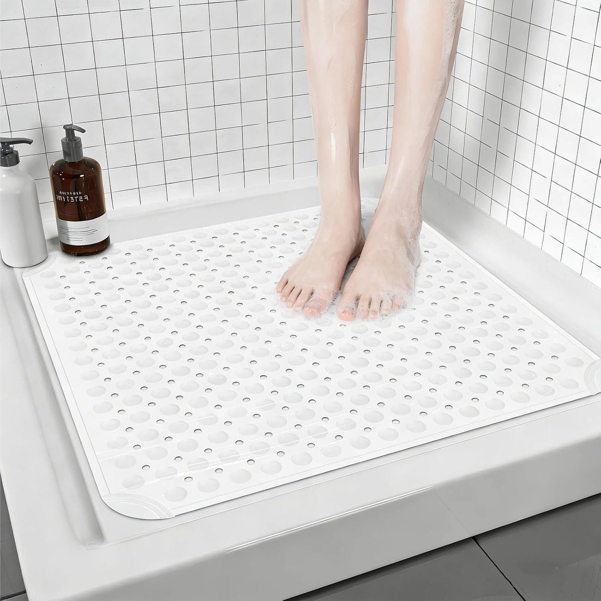 Douchemat Antislip 80 x 80 cm Zachte TPE-Douchemat Met Afvoergaten En Zuignappen Machinewasbaar Voor Massage Sauna's Ouderen Doucheruimtes Wit
