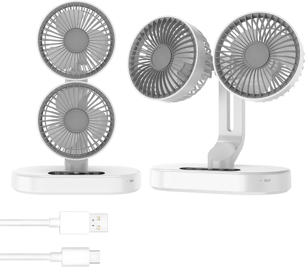 tafelventilator met dubbele kop, 6 snelheden, 360° rotatie, timer, wandmontage en tafelmontage, krachtige motor voor thuis en op de camping (2-in-1, oscillerend)