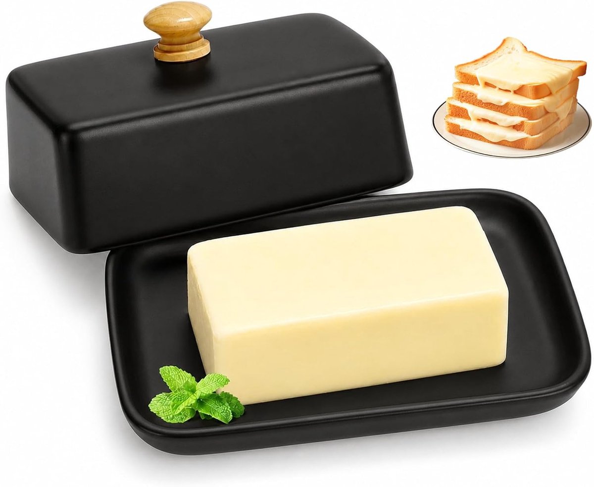 botervloot met deksel, 250 g, hooggebrande botervloot, porselein, stofbescherming en aromabescherming, botervloot van keramiek, zwart, geschikt voor vaatwasser, magnetron en