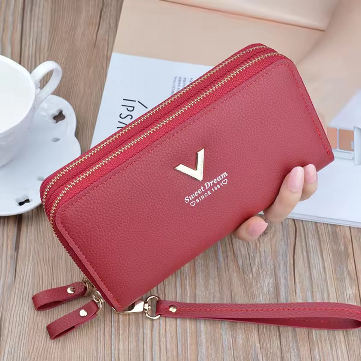 KZQ Dames Portemonnee - Dubbele Ritssluiting - Grote Capaciteit - Met Meerdere Kaartvakken - Geschikt Als Clutch En Telefoonhouder - Rood
