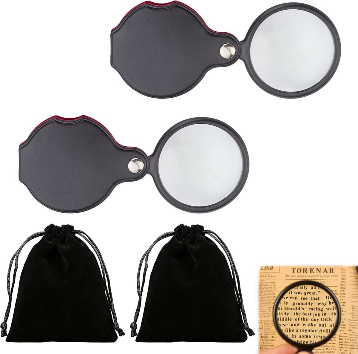 10x Zakloep Set met 2 Zwarte Vergrootglazen en 2 Opbergzakjes, Compacte 7,3 x 5,5 cm Draaibare en Opvouwbare Loep voor Lezen Inspectie en Dagelijks Gebruik
