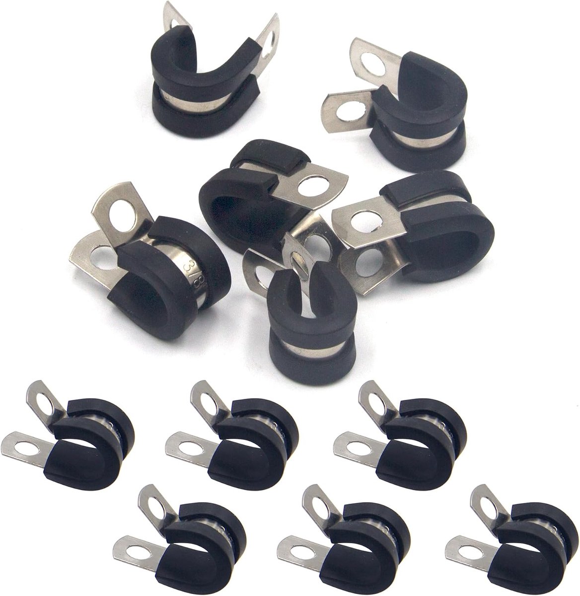 12 stuks 10mm (3/8") kabelklemmen, 304 roestvrijstalen buisklemmen met rubberen voering P-klemmen voor snoer, draad, slang, buis, brandstofleiding