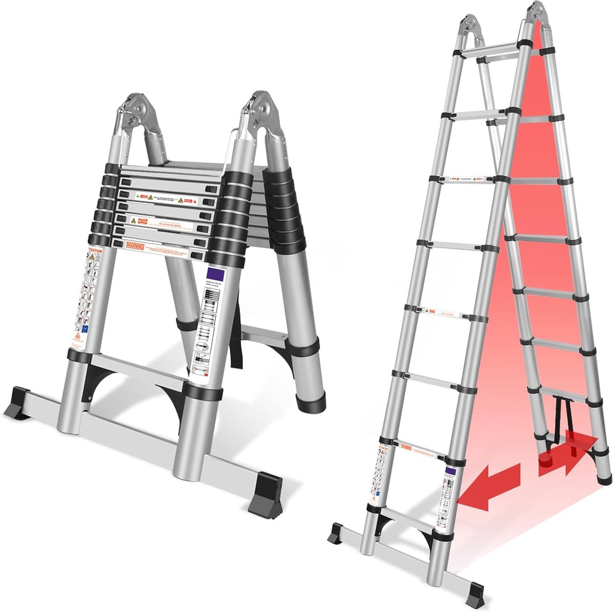 Telescopische ladder, 5 m, hoogwaardige aluminium vouwladder, multifunctionele ladder met stabilisator, draagbare, robuuste uittrekbare ladder, aluminium ladder, staande ladder