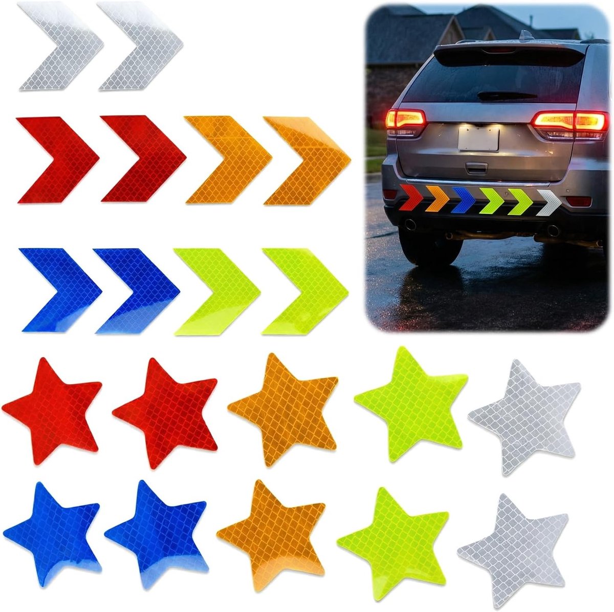 50 reflecterende stickers, 5 kleuren, ster- en pijlreflectoren, sterk reflecterende zelfklevende tape, reflectorstickers voor fietsen, motoren en auto's