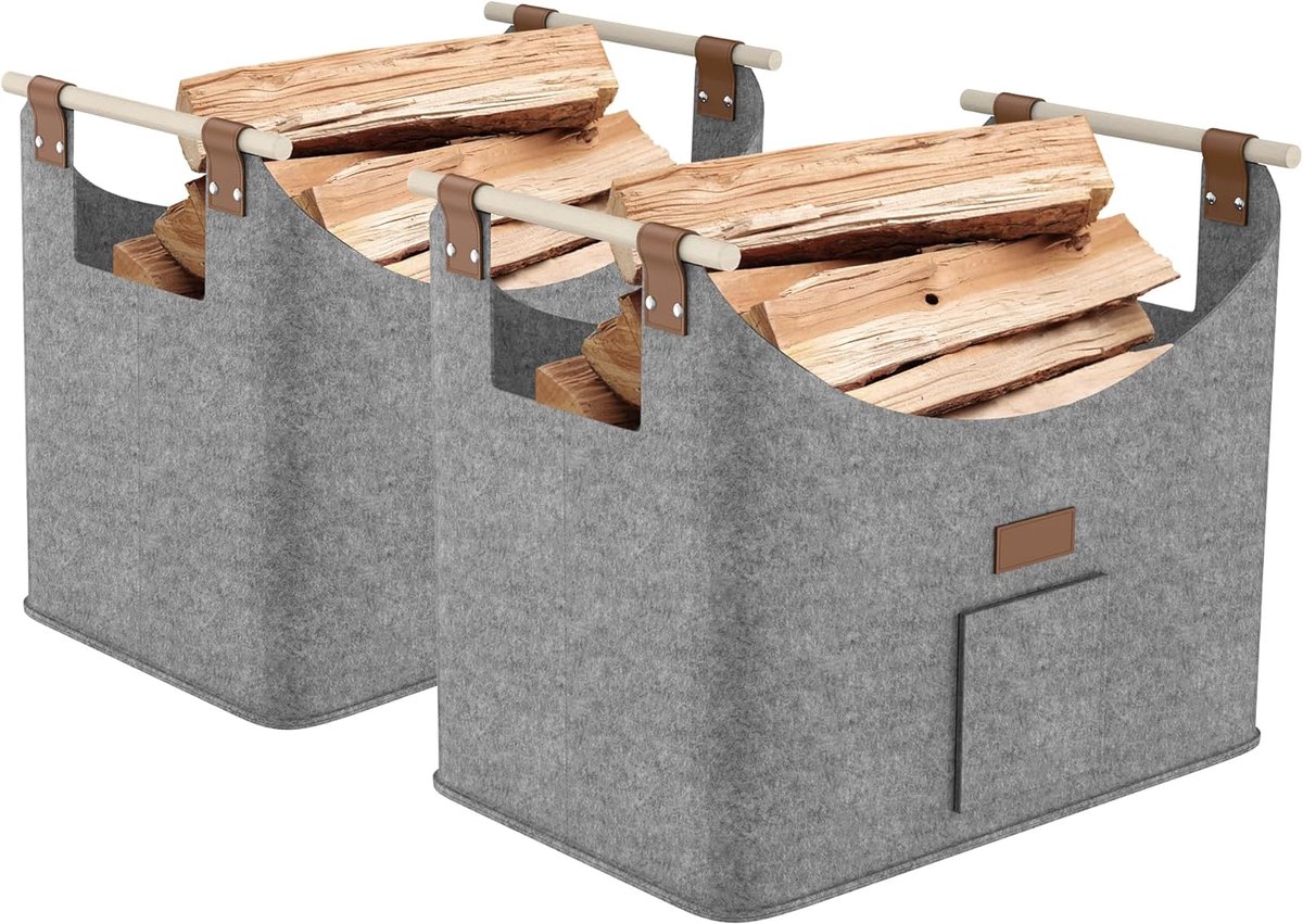 2 x vilten tas voor haardhout, brandhout, opvouwbaar, met extra dik vilt en versterkte houten handgreep, vilten mand, houten mand, boodschappentas voor boodschappen, hout, kranten, middengrijs