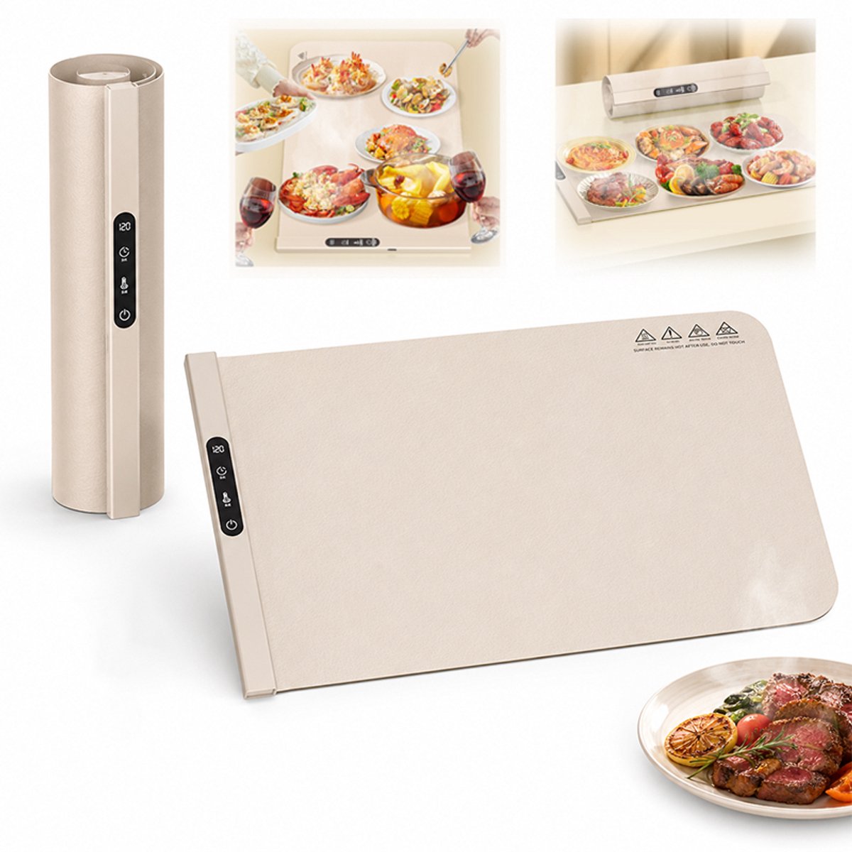 Bobypet - Warmhoudmat - Elektrische warmhoudplaat - Siliconen warmhoudmat - Instelbare temperatuur - Snel verwarmend - Opvouwbaar - Voor buffet, alledaags,feestjes en Vakantie - 60*38cm - Kaki