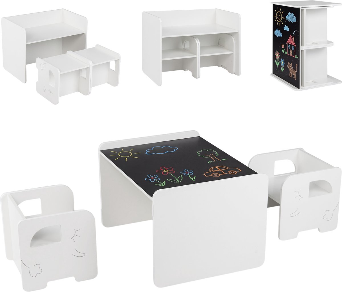COSTWAY 6-in-1 kindertafel met 2 stoelen, kinder tafel en stoel set met schoolbord & boekenplank, tekentafel met opbergruimte, speeltafel voor kinderkamer, kindersitzgroep voor kinderen vanaf 3 jaar (Wit)