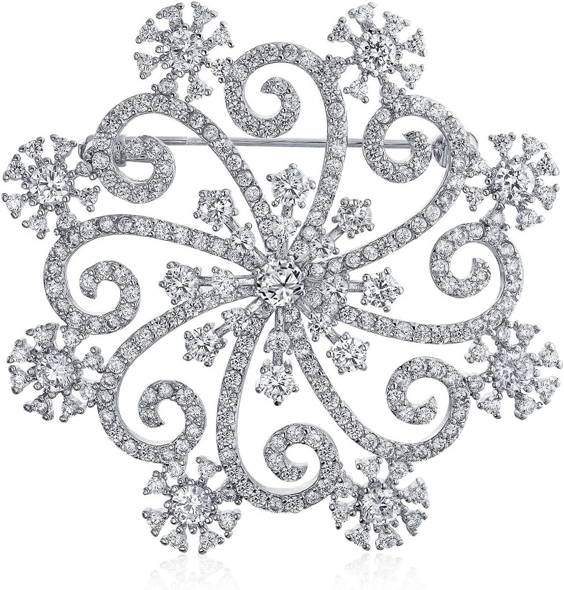 Aqua Ice Blue Teal Crystal Grote Bevroren Wintervakantie Party CZ Pave Cubic Zirkonia Sjaal Kerst Statement Sneeuwvlok Broche Pin Voor Vrouwen Zilver Geplateerd Messing, 2, Zirkonia