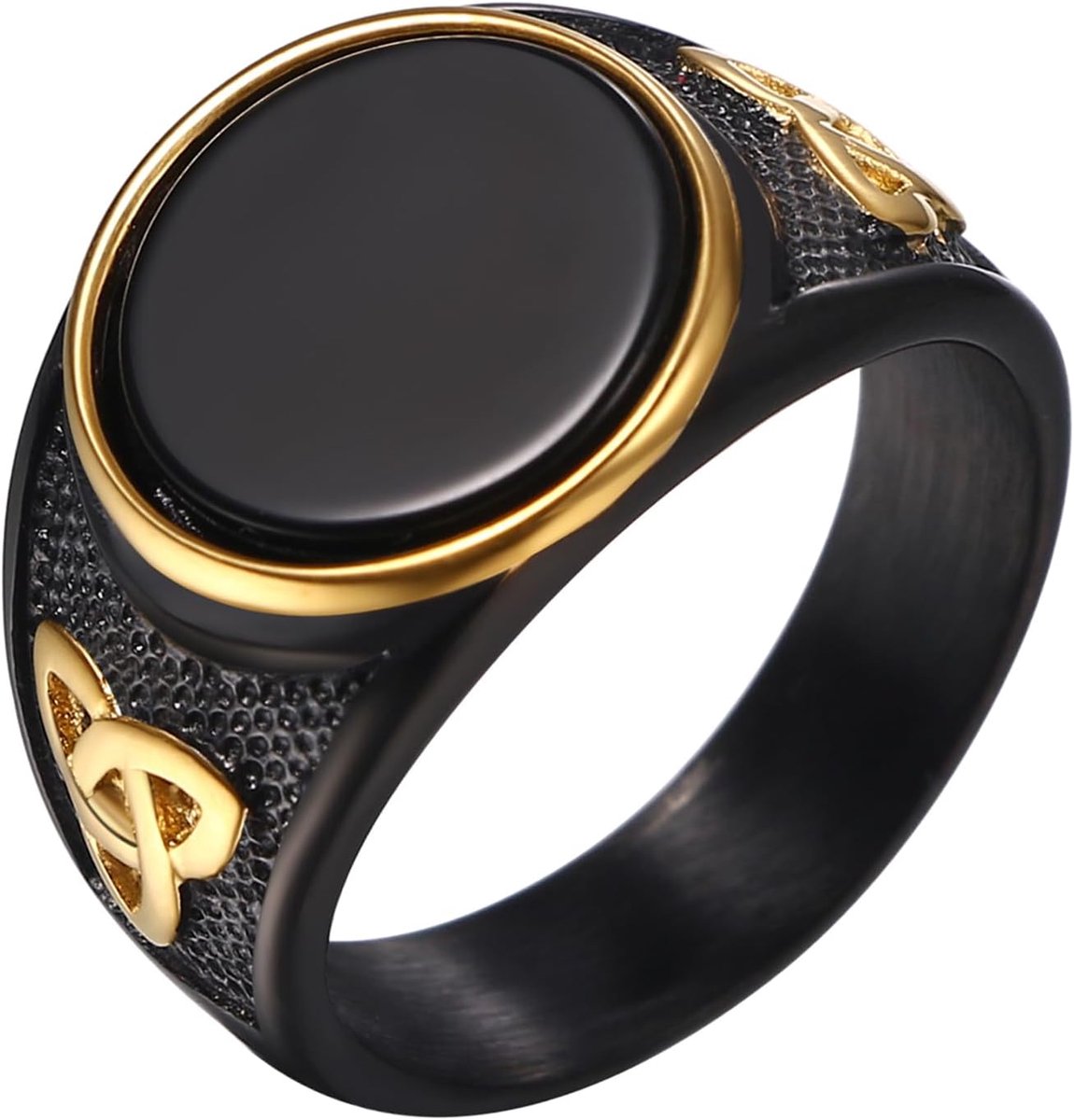 Herenring met zwarte onyx: ronde zwarte agaat edelsteen bandring van roestvrij staal Viking-stijl Keltische knoop zegelring sieraden cadeau voor mannen maat 57-69