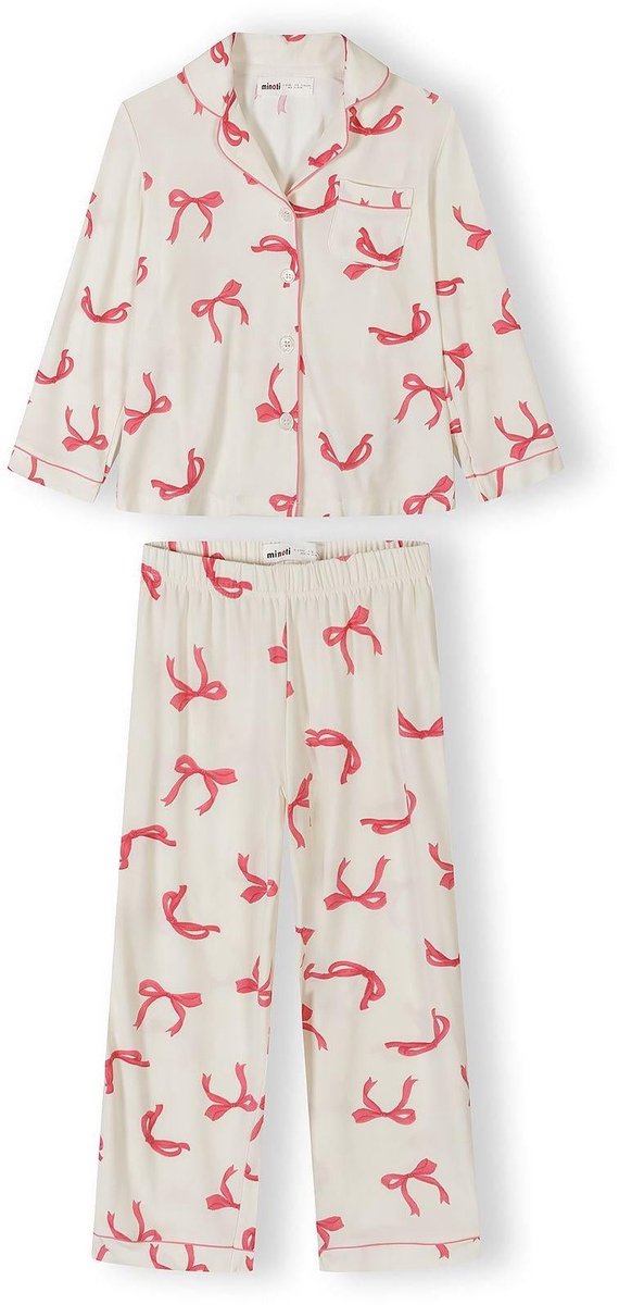 Minoti Pyjama meisjes lange mouw strikjesprint - crème