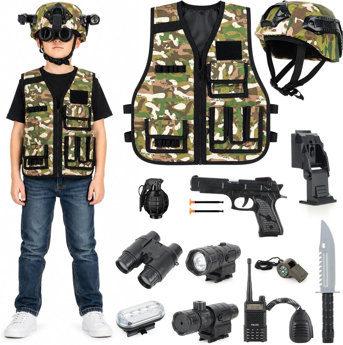 Militair kostuum voor kinderen, 13-delige tactische vestset met helm, walkietalkie en accessoires, ademende camouflagejurk voor jongens en meisjes, ideaal voor rollenspellen, carnaval en