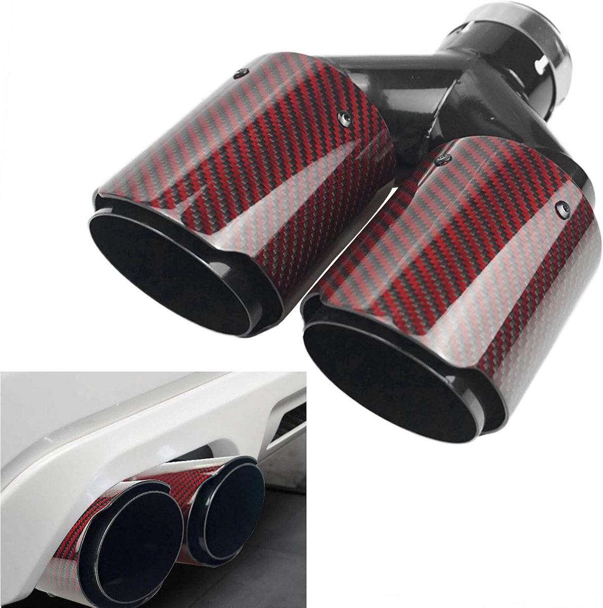 2.5 "Inlaat 63Mm Dubbele Uitlaat Tip Carbon Auto Staart Tip 3.5 "Outlet (Glanzend Rood En Zwart)