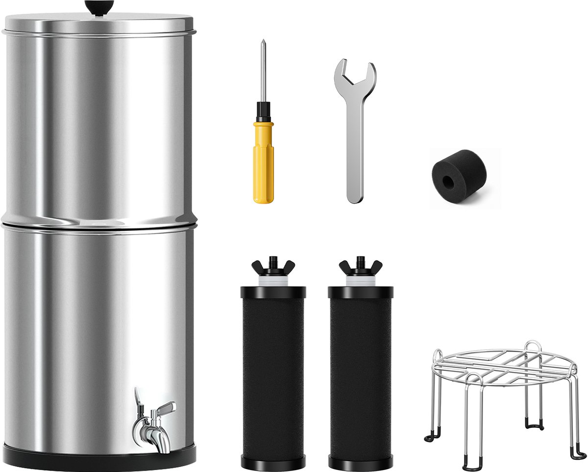 Purewell K8675A zwaartekracht waterfilter-1.5GAL-drie-staps filtratiesysteem-304 roestvrijstalen waterfilter-emmer-buiten-/huishoudelijk waterfilterapparaat