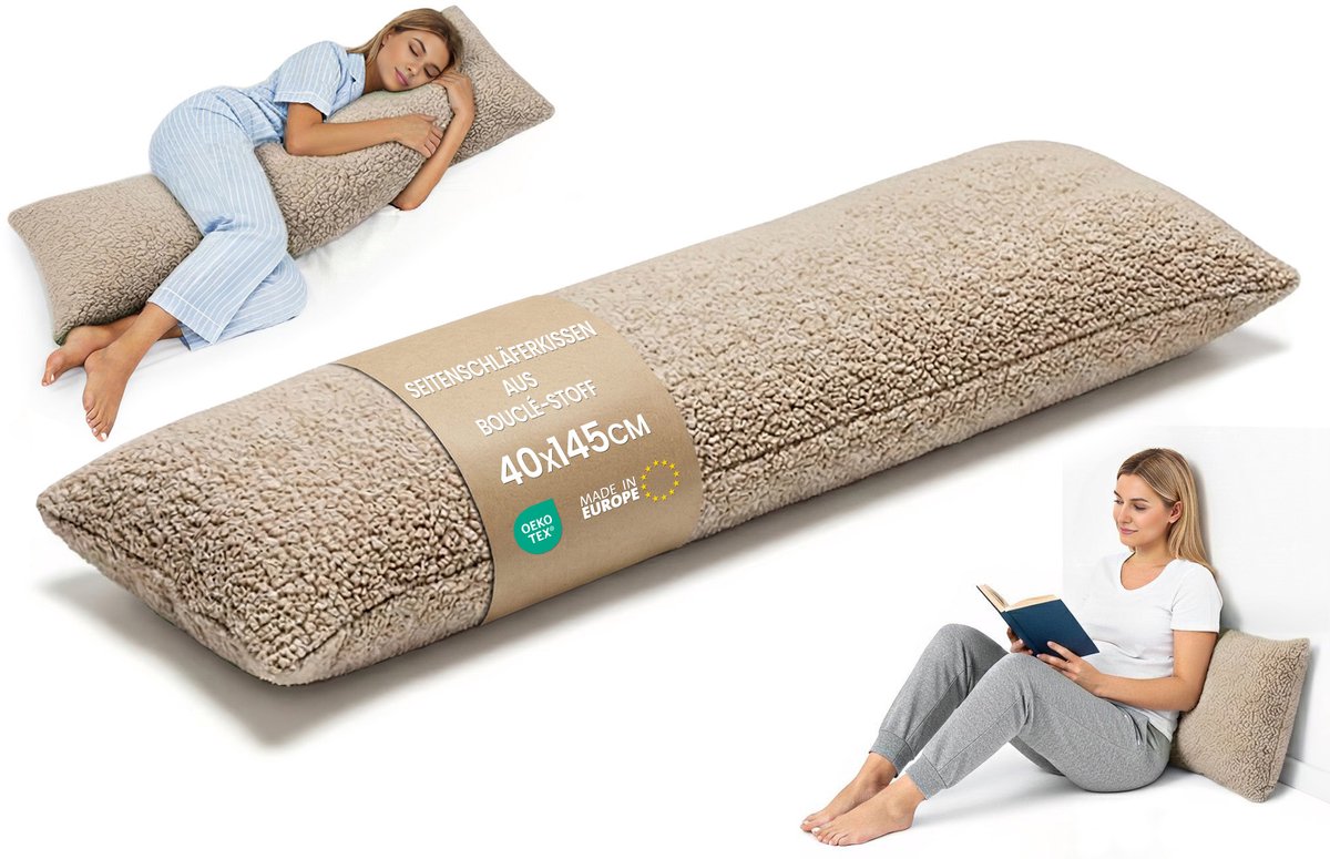 Zijslaapkussen 40x145 cm afneembare hoes – ergonomisch lichaamskussen body pillow voor zijslapers Bouclé zacht ademend vormvast – OEKO-TEX gecertificeerd Beige