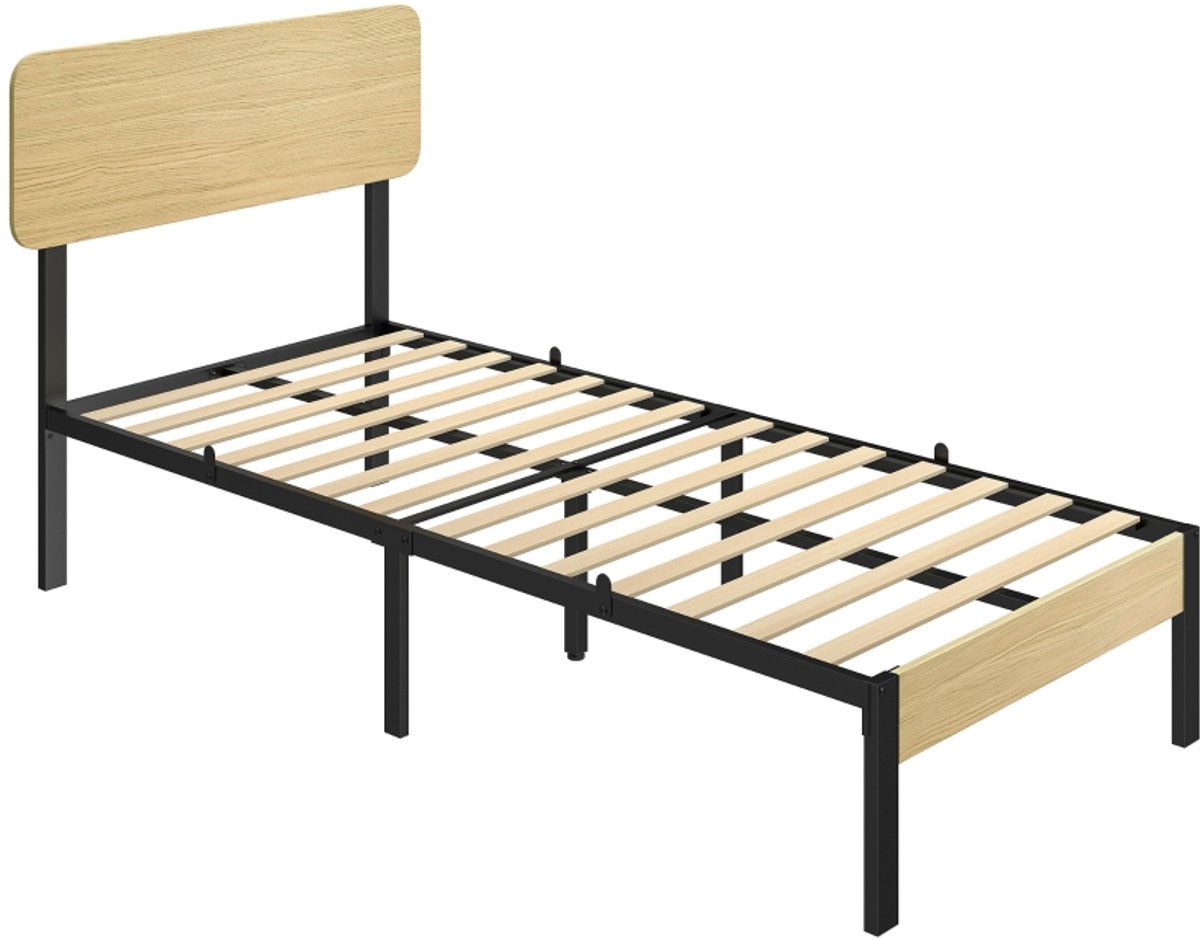 Metalen bedframe 90 x 200 cm - Met opbergruimte - Met hoofdbord - Metaal - Naturelhout