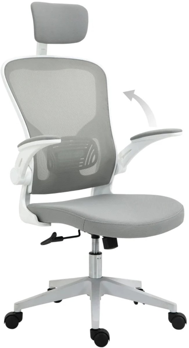 Ergonomische Bureaustoel met Schommelfunctie, Hoge Rugleuning, Hoofdsteun & Opklapbare Armleuningen - In Hoogte Verstelbaar - 360° Draaibaar - Kantoorstoel - Gamestoel - Volwassenen Stoel - Directiestoel - Computerstoel - Grijs