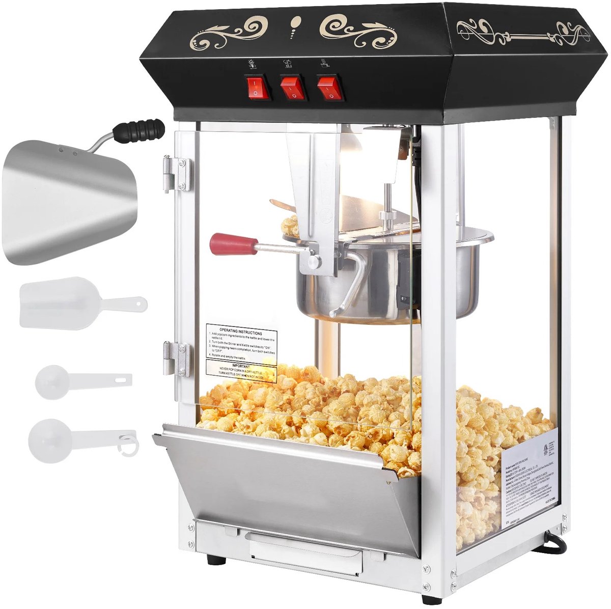 Brandistry - Popcornmachine - Popcornmaker - Led Verlichting - Warmhoudfunctie - RVS - Met Accessoires - 850Watt - Aanrecht Model