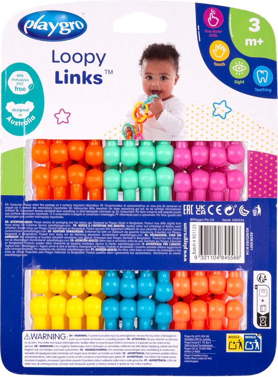 Verpakking met Playgro Loopy Links, 24 schakels in roze, lichtgroen, blauw, oranje en geel. Baby speelt met ketting.