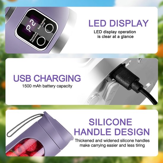 Draagbare Smoothiemixer - Mini Blender USB - Gezonde Dranken Maken - 12-Messen Systeem - 450 ml - Paars — afbeelding 4