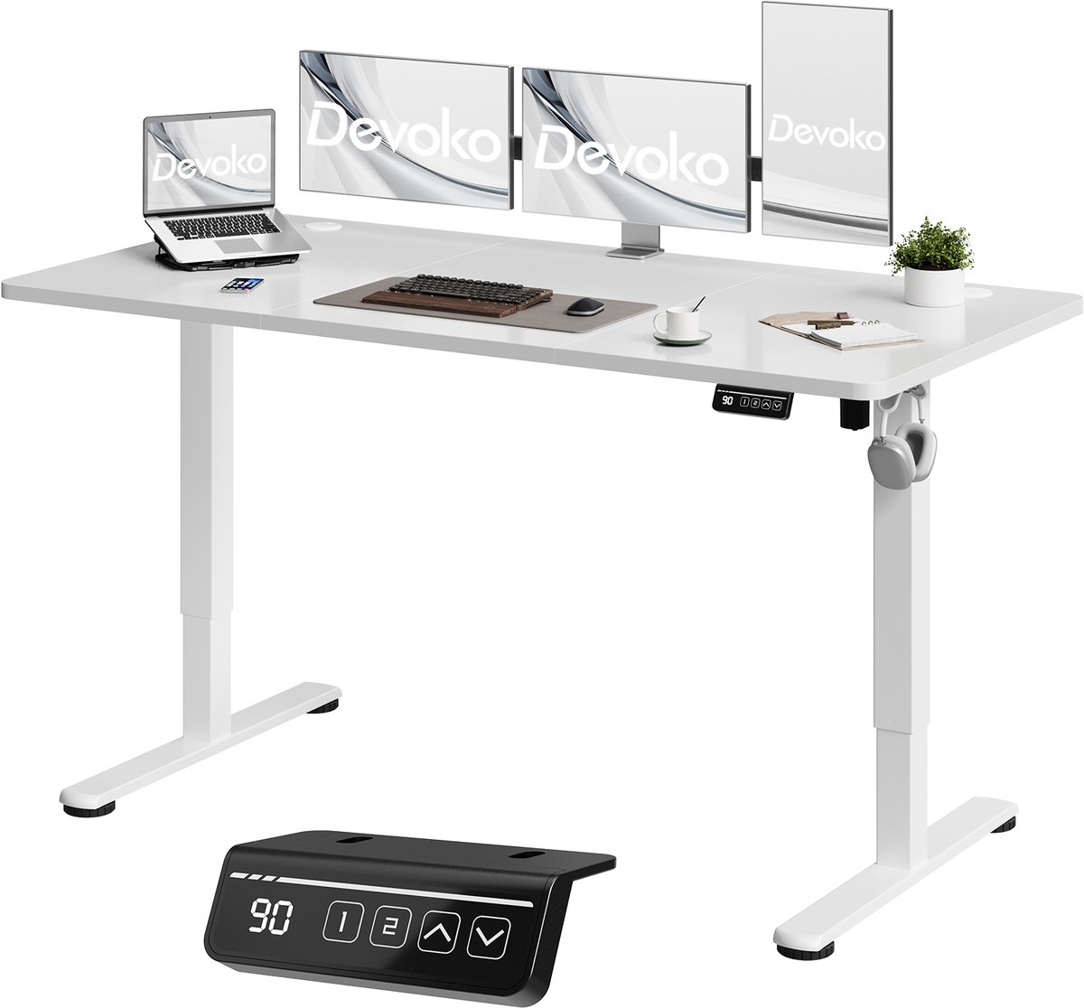 Devoko Elektrisch Zit-sta Bureau 160x60 cm – Stille Motor met Geheugenfunctie – 4 Knoppen Handbediening – Wit