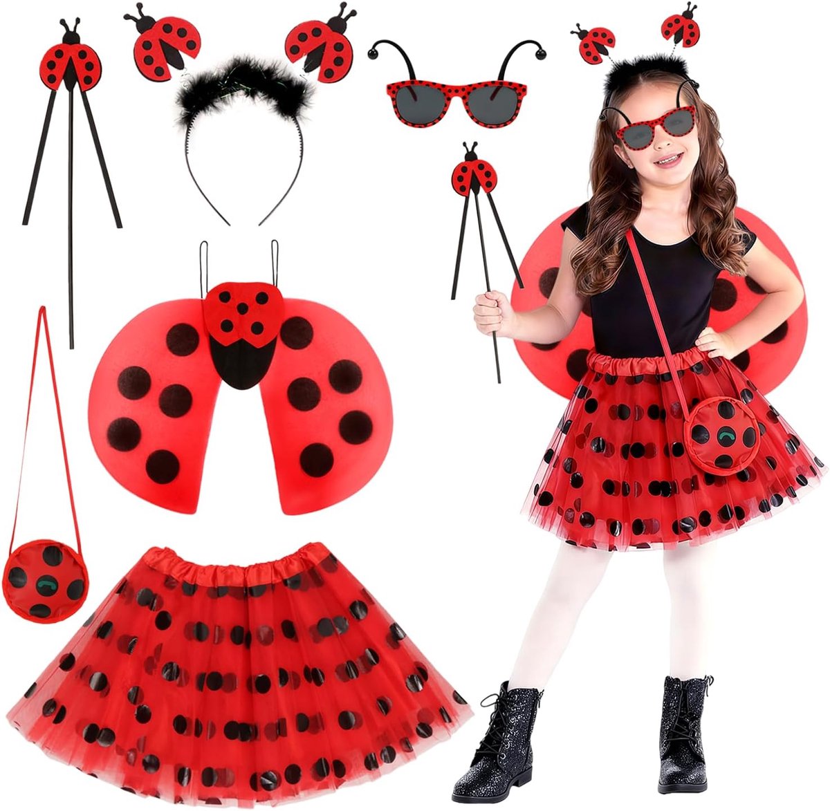 lieveheersbeestjeskostuum voor kindermeisjes, Ladybug-kostuum met tulrok, haarband, lieveheersbeestjesvleugels, toverstok, bril, tas voor kindermeisjes, voor Fasching, Carnaval