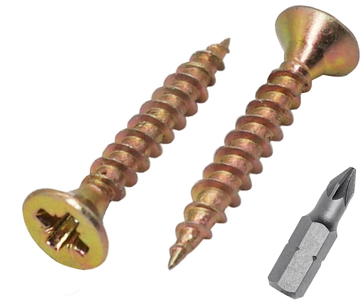 (Pack van 300 stuks) Geel verzinkt staal 3,0 x 16 mm houtschroeven, spaanplaatschroeven, universele Pozi-Drive schroef, verzonken kop (300, 3,0 x 16 mm)