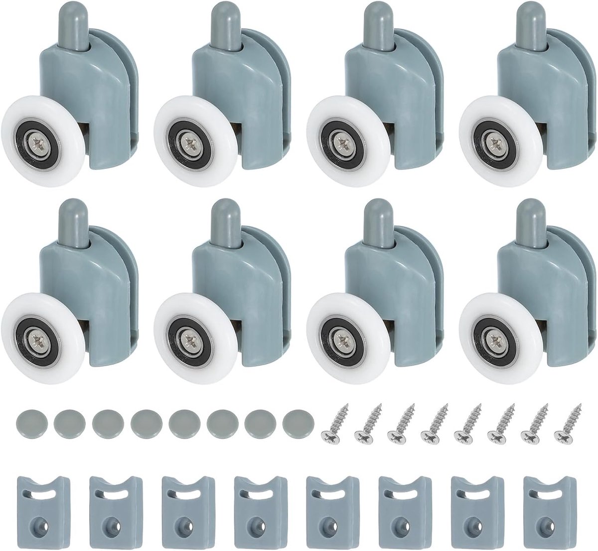 25 mm douchedeurwielen, enkele douchedeur-loperwielen, geleiders, kunststof onderwielen met anti-botsingsblok en schroeven voor glazen deuren 4-6 mm, grijs, 8 stuks