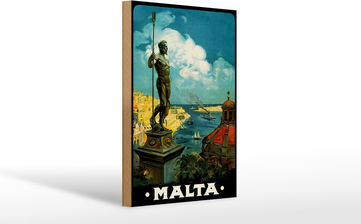 Holzschild Reise 20x30 cm Malta Poseidon Statue Deko Schild
