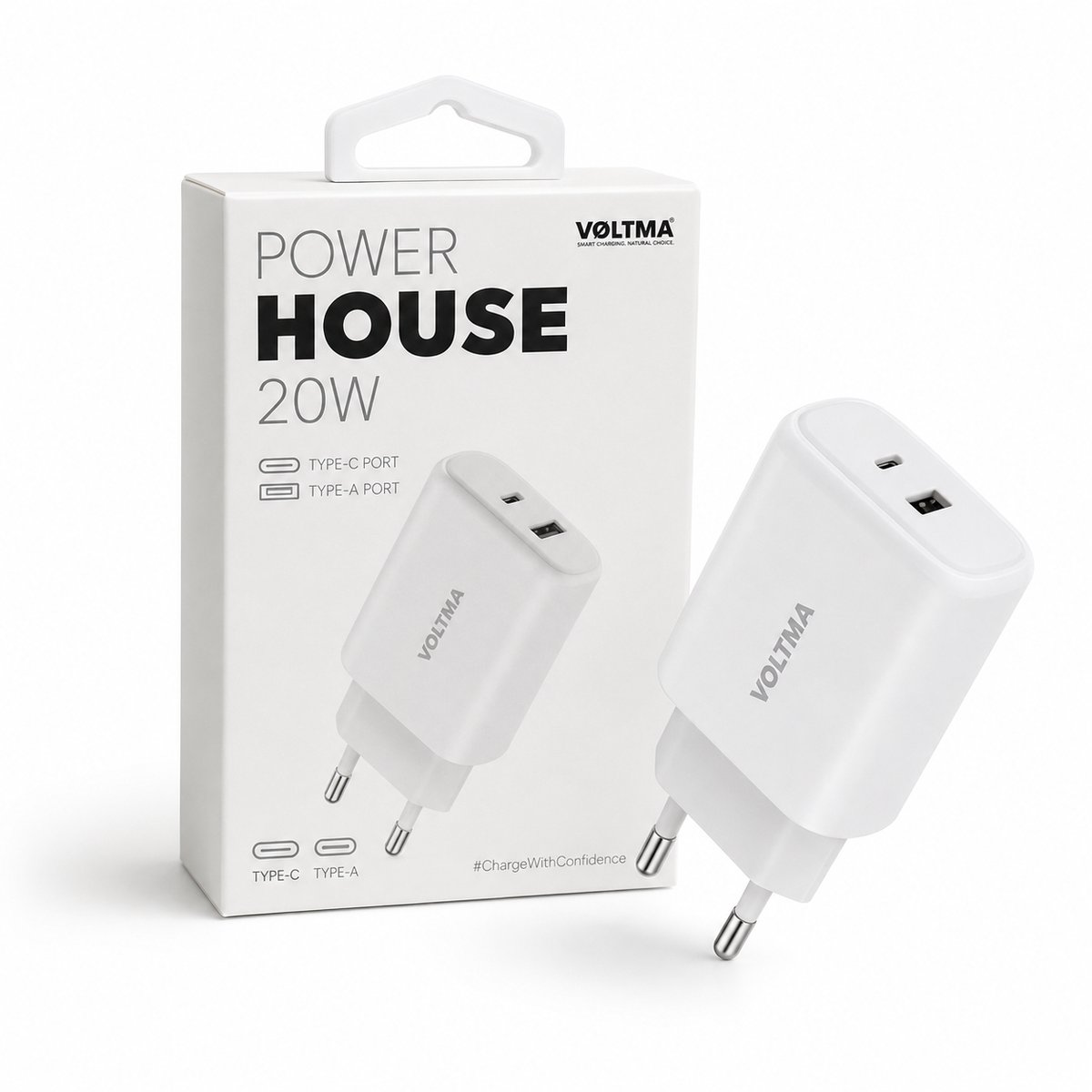 VOLTMA PH20AC 20W GaN Snellader – USB-C en USB-A Oplader met 2 Poorten – Compacte Adapter voor Smartphone, Tablet, Oordopjes en Powerbank – Wit