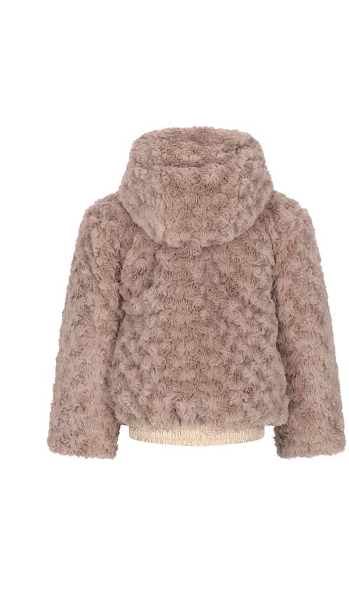 Taupekleurige teddy meisjesjas met capuchon, omkeerbaar met goudkleurige jas.