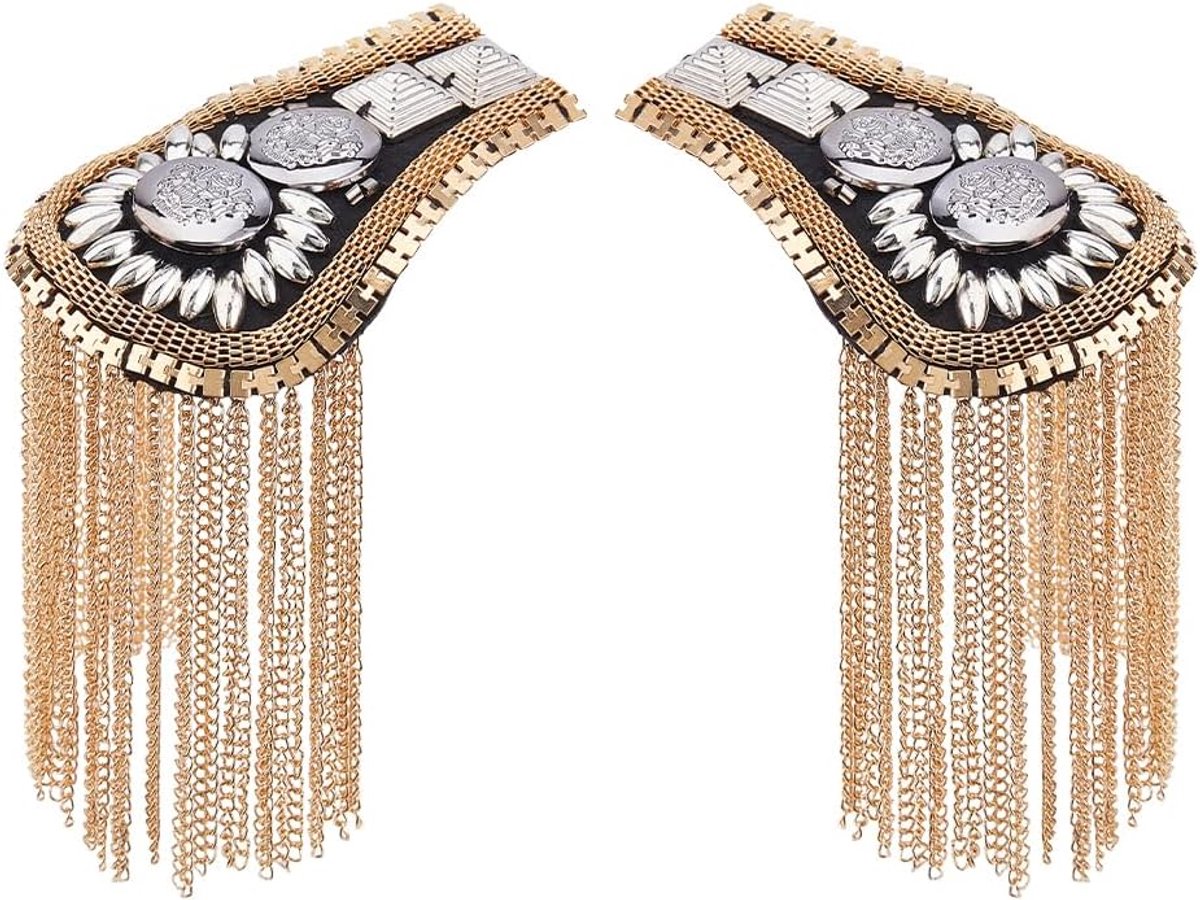 2-delige Mode Kwast Epauletten Metalen Punk Schouderbadge Afneembare Gouden Epaulet Schouderdecoratie Bevestigd met Speld voor Jassen Metalen Punk Franje, 190mm, IJzer