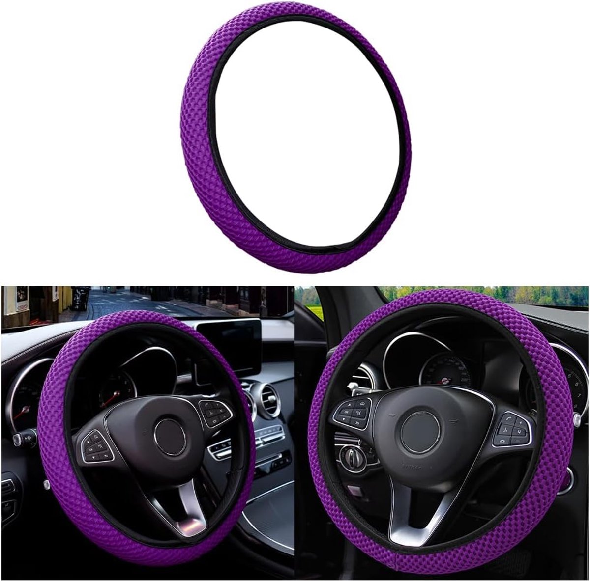 Universele stuurhoes voor auto's, diameter 37-38 cm, elastische stuurhoes, ademende microvezel-ijszijde, warm in de winter en koel in rstate, antislip, geurloos (violet)