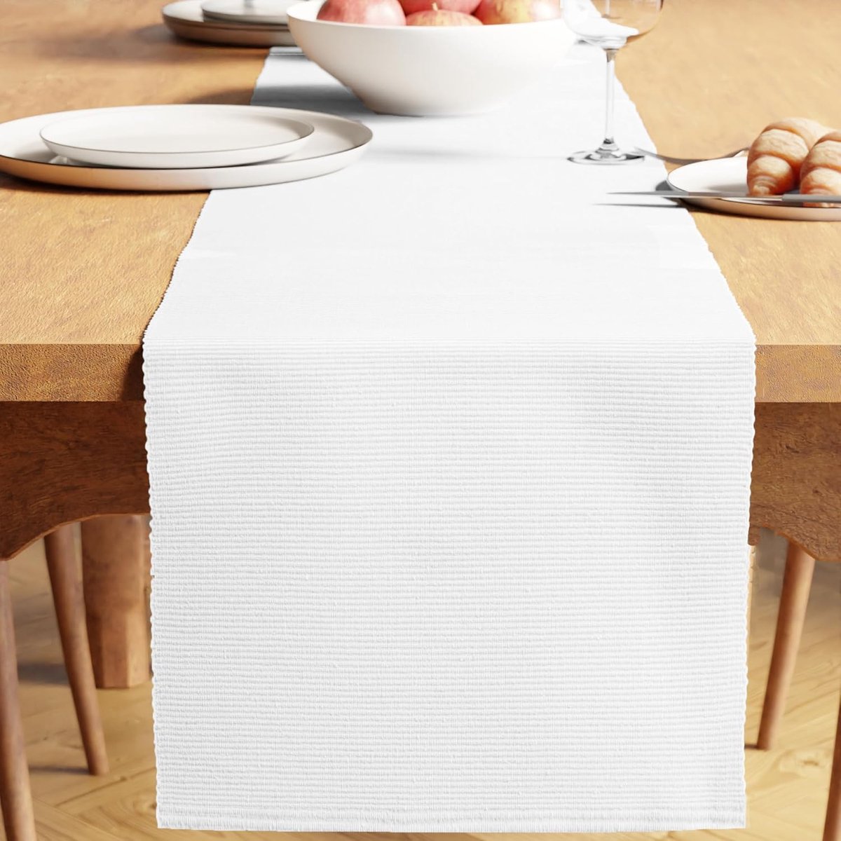 XO Eettafelloper voor 4 tot 6 zitplaatsen | Garen geverfd fijn geribbeld katoen | Maat 32x150 cm | Wit | Machine wasbaar