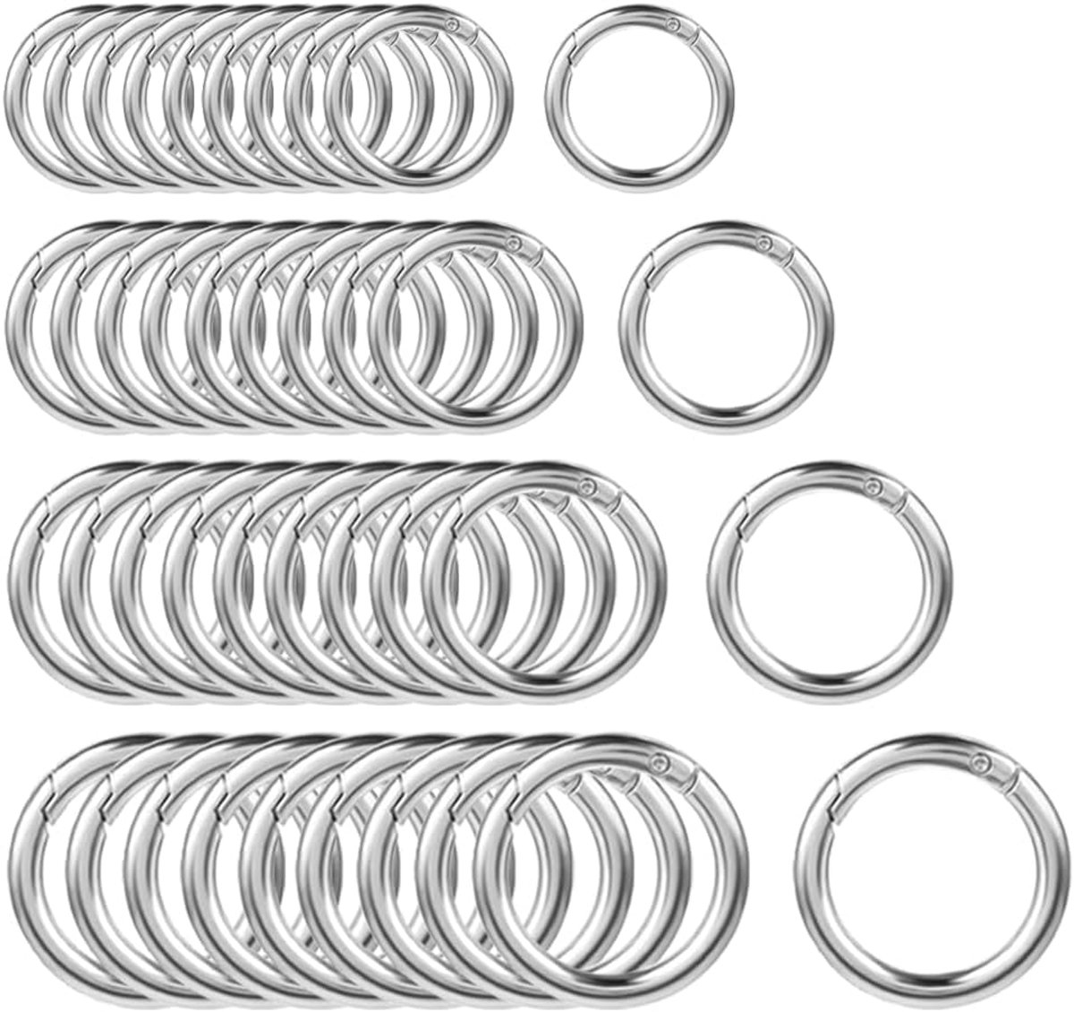 40 stuks ronde karabijnhaken O-ringen, 10/16/19/25 mm, karabijnring, karabijnhaak, rond, zilver, metalen ring, karabijnhaak voor tassen, sleutelring, karabijnhaak, rond, zakringen, O-ringen