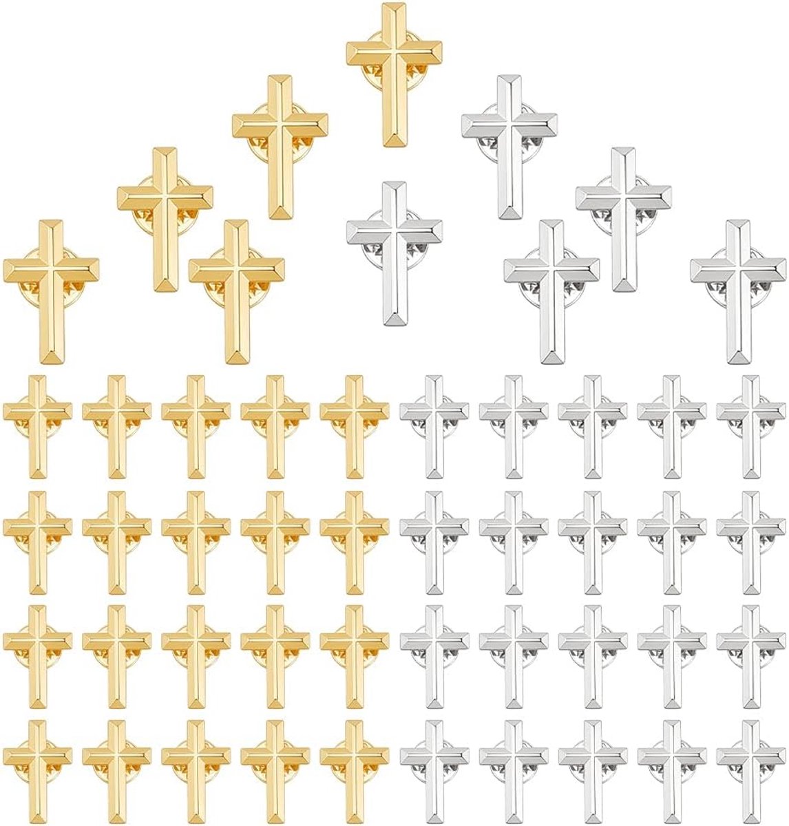 50 stuks christelijk geloofskruis, platina en goud, kruishangers, reversnaald met veiligheidssluiting, voor kostuums, uniformen, hoeden, kerksieraden, geschenken, 25 mm, 25x16mm, Metaal