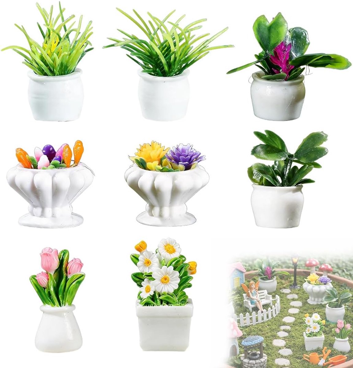 8 Stuks Miniatuur Planten voor Poppenhuis Mini Kunstbloemen in Potten Miniatuur Bonsai Model Miniaturen Tuinaccessoires Binnenhuisdecoratie