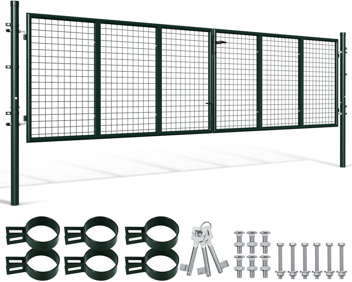 Dubbele vleugelige tuindeur, 350 x 100 cm, ronde buizen, breedpoort, voor grond/garageplaats, voor dubbelstaafmattenhek, groen