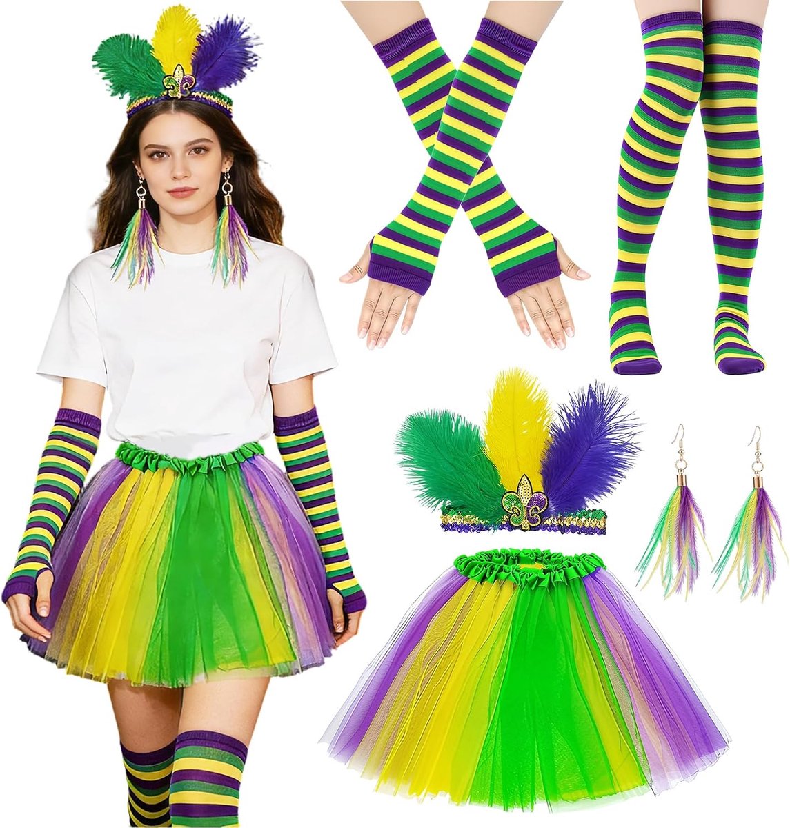 Regenboogkostuum dames - 5-delige tule rok set met veer haarband en sokken, kleurrijke tule rok voor carnaval en themafeest, complete regenboog outfit voor dames