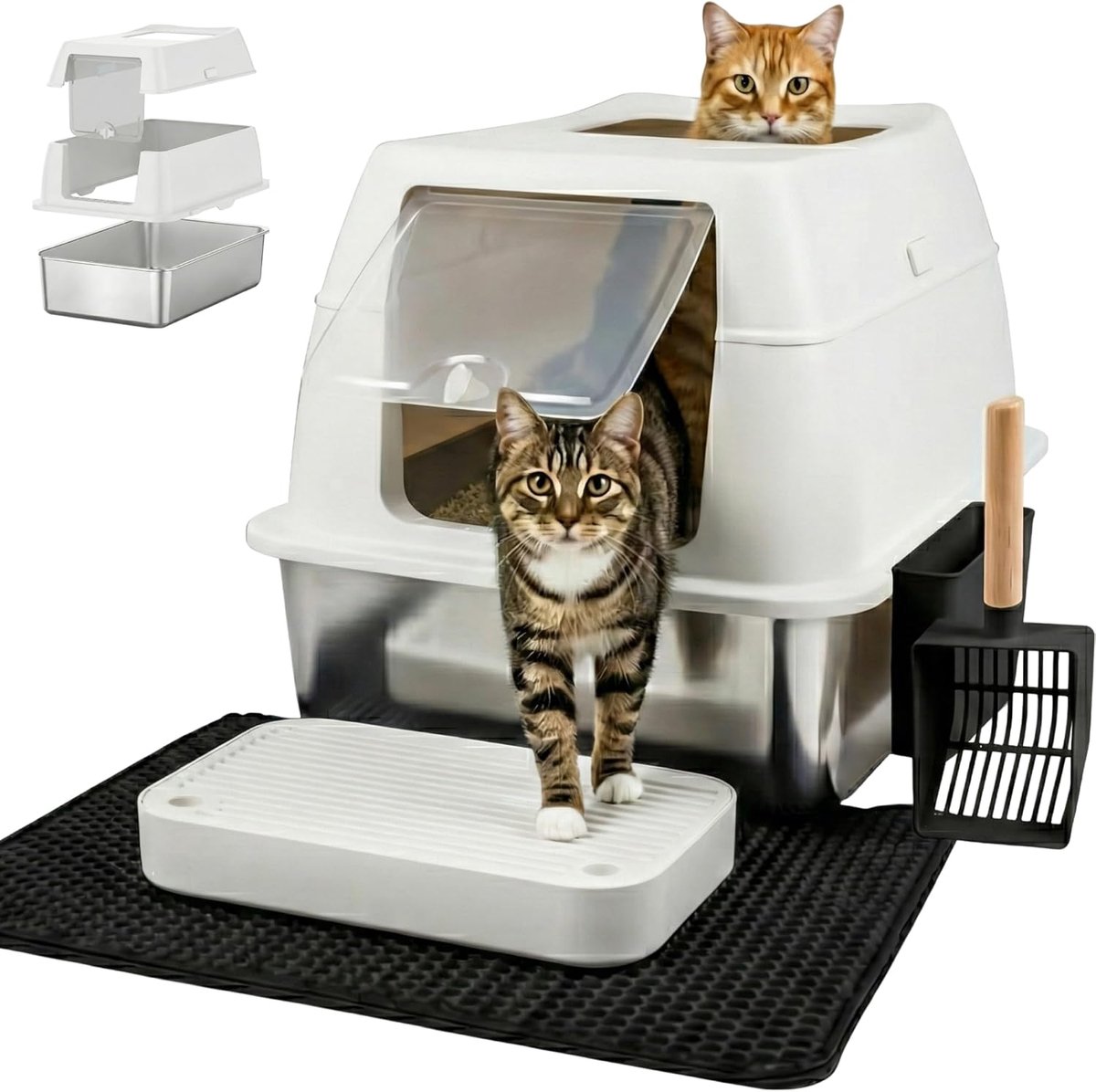 kattenbak – Gemakkelijk schoon te maken – Niet-klevend oppervlak – Roestvrijstalen kattenbak – 38L inhoud – Geurvrije metalen kattenbak – Met schep en kattenbakmat – 23,6″ × 15,7″ ×