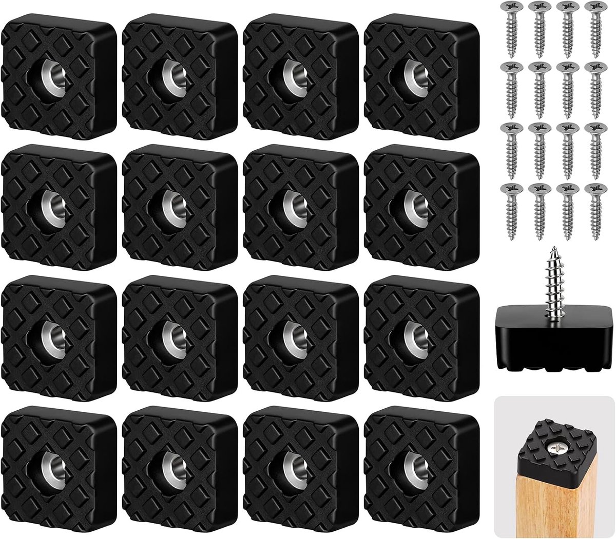 16 stuks schroefbare rubberen voeten, 22 x 22 mm antislip meubelpoten | Vierkante rubberen voetjes met schroef voor tafelstoel bankpoten, tuinmeubelen tuinmeubilair pads vloerbeschermers