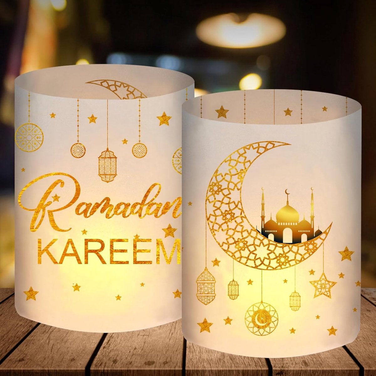 12 windlichten, tafeldecoratie, ramadan-decoratieset, goud, ramadan kareem Eid Umrah Mubarak, islamitische decoratie, voor kinderen, islamitische geschenken, accessoires, voor theelichtjes of kaarsen