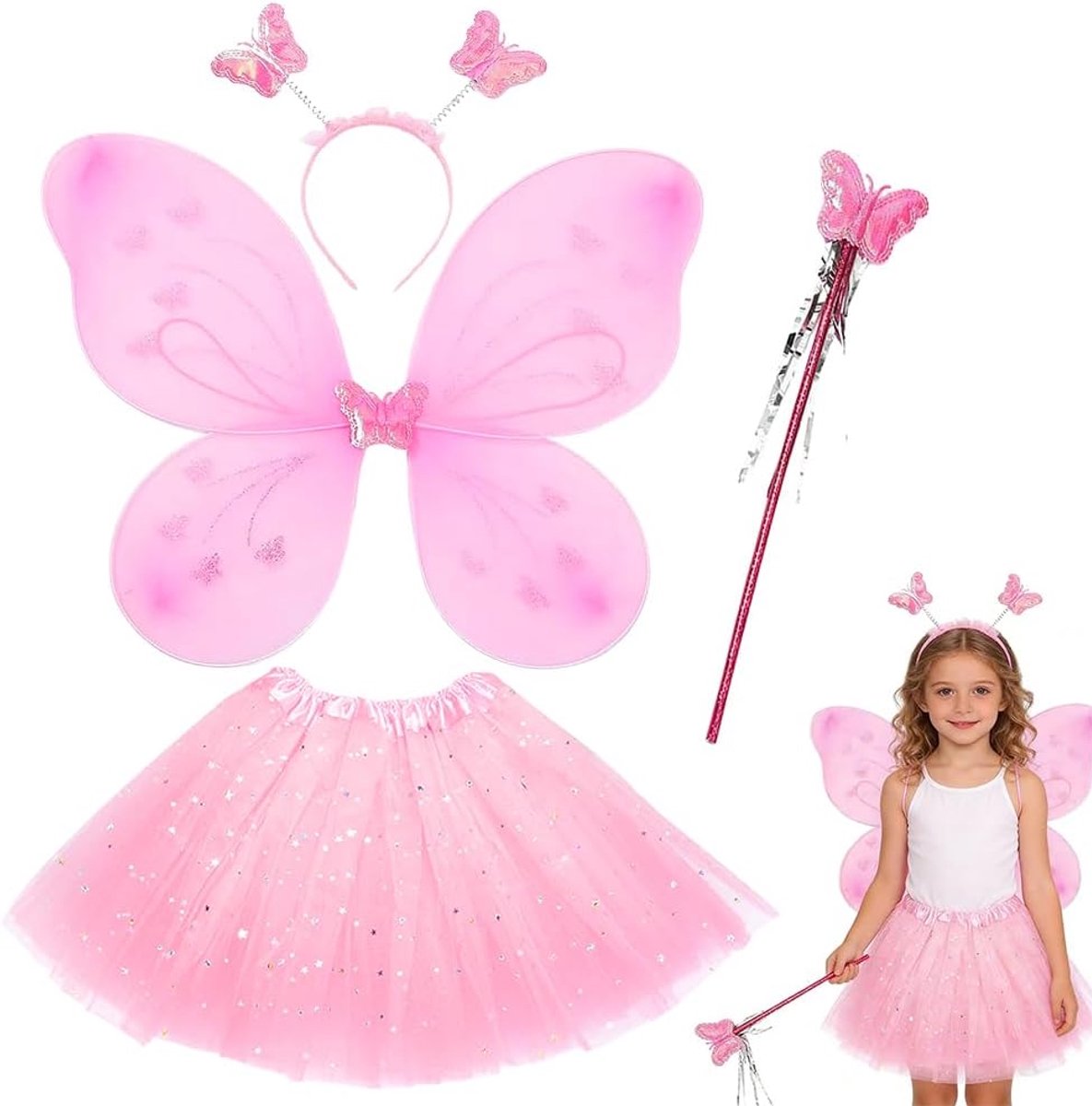 Kostuum Feeënvlindervleugels Engel Prinsessenkostuum met Meisjesvlinderstafjes Haarband Pofrok Verkleedset voor Halloween Verjaardag Kerstfeest Roze