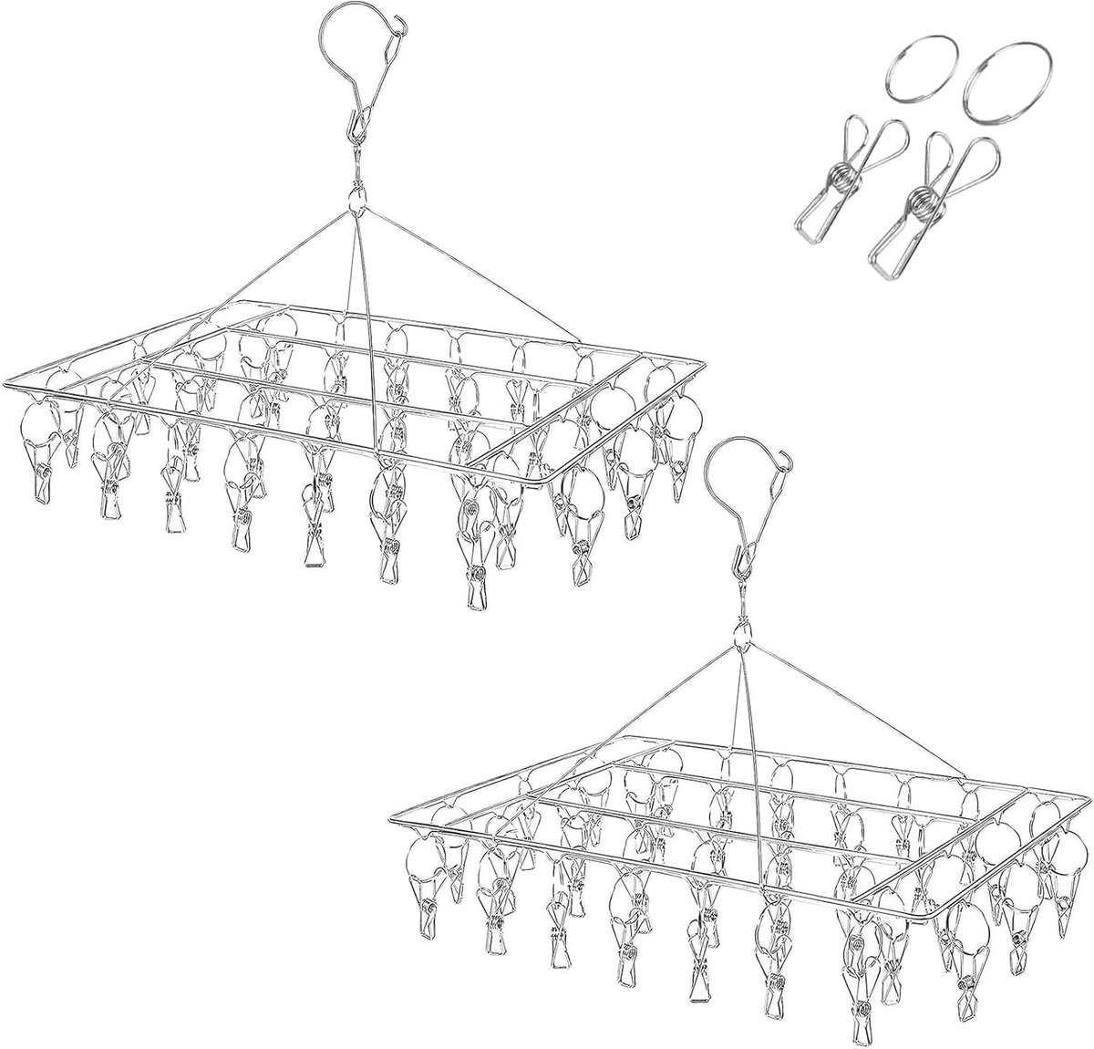 Roestvrijstalen sokkentdroger, sokkenhangers voor wasrek, mini-wasdroger, kleerhangers met haringen voor sokken, ondergoed, babykleding, tanktops, handschoenen (36 wasknijpers, 2 stuks)